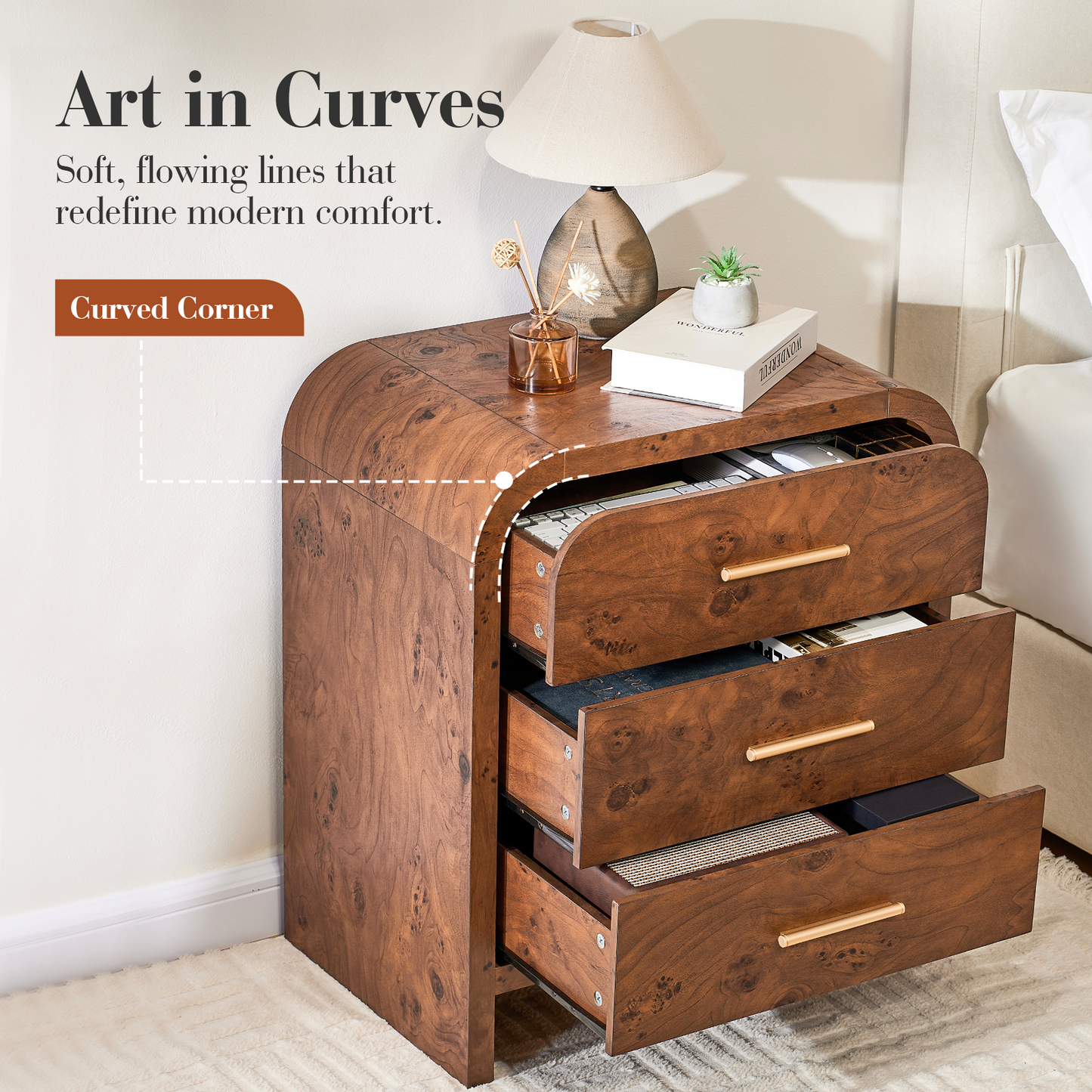 Eliteset Curved 3-Drawer Nightstand