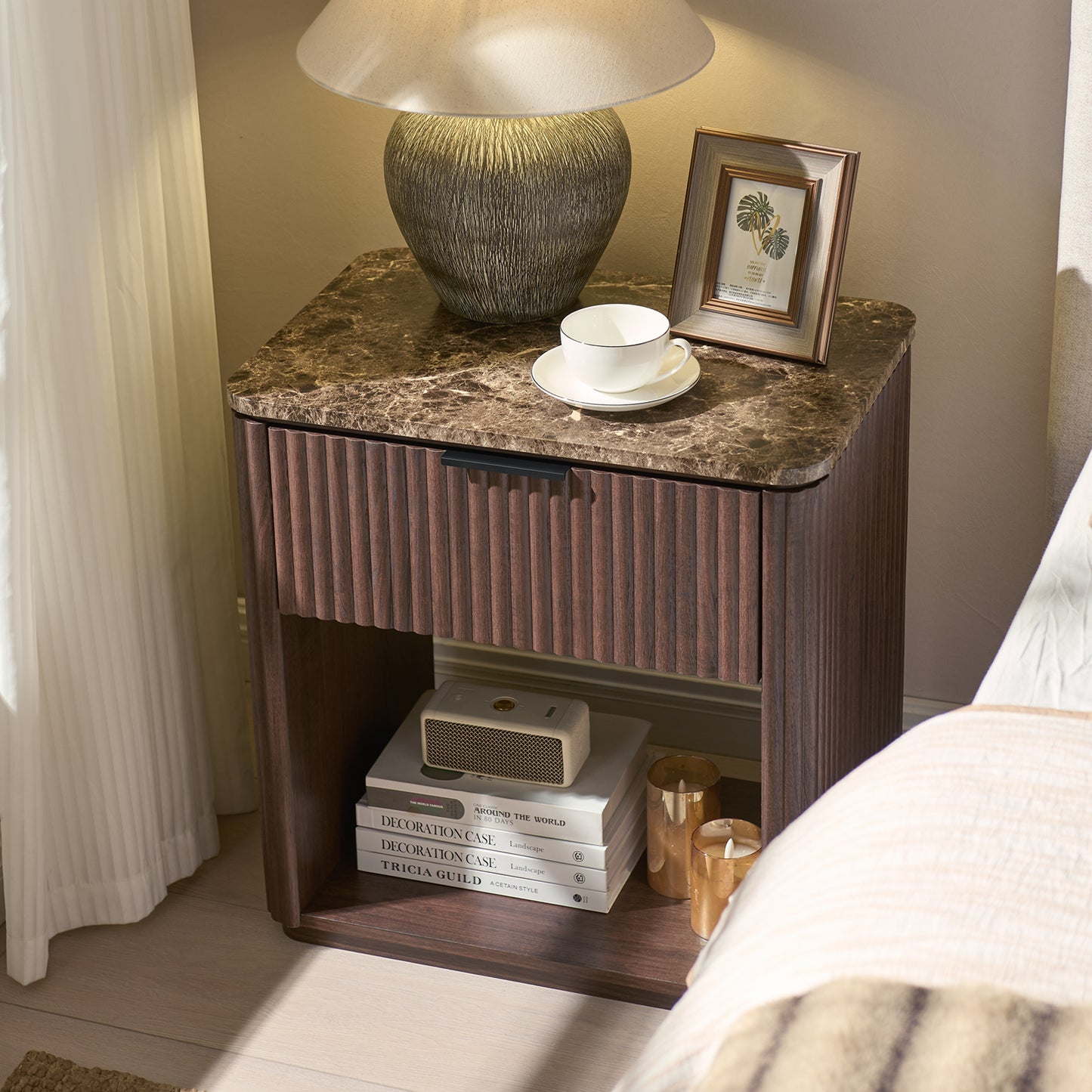 DelArk 1-Drawer Fluted Nightstand with Marble Top