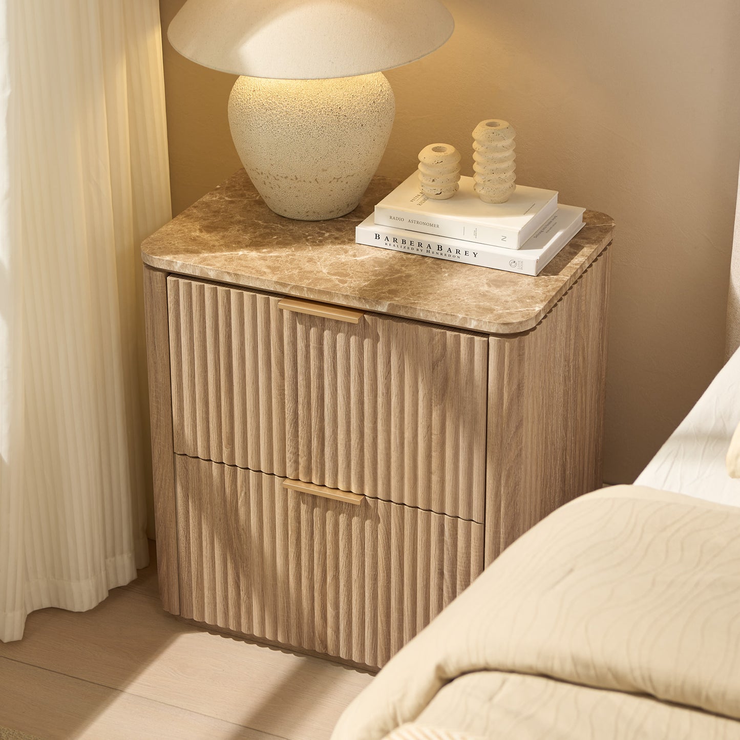 DelArk 2-Drawer Fluted Nightstand with Marble Top