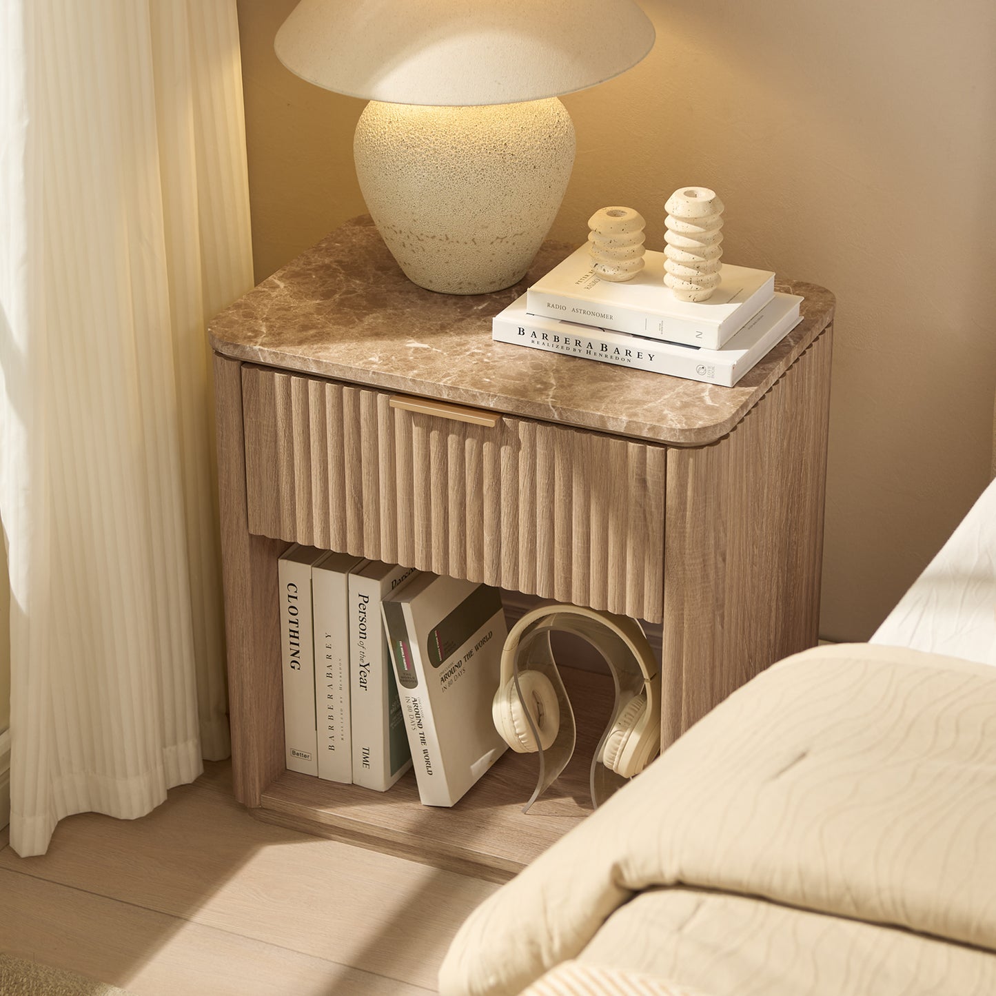 DelArk 1-Drawer Fluted Nightstand with Marble Top