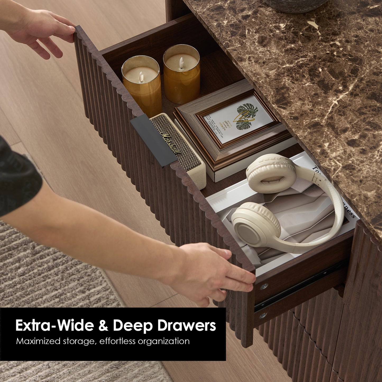 DelArk Fluted 6-Drawer Dresser with Marble Top