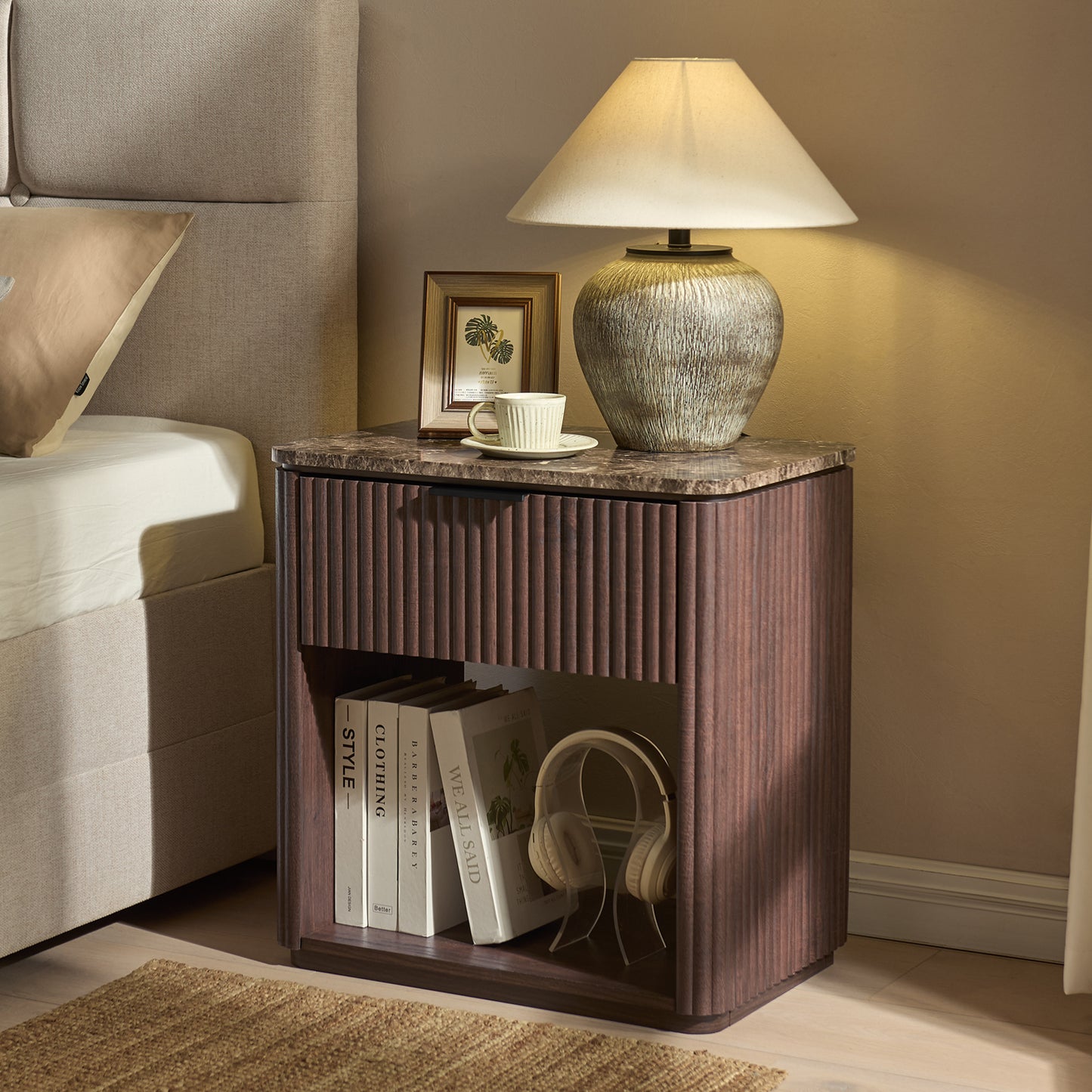 DelArk 1-Drawer Fluted Nightstand with Marble Top