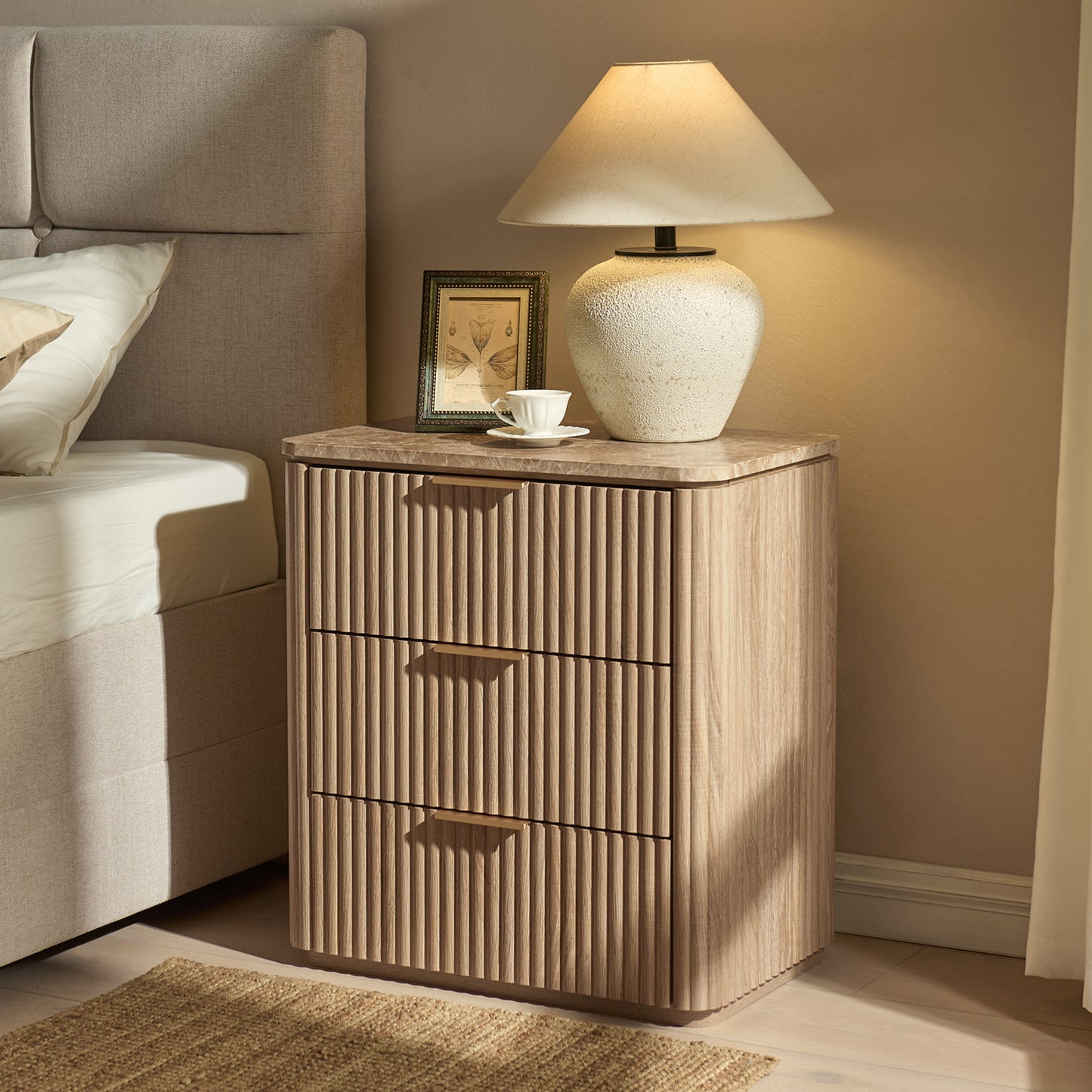 DelArk 3-Drawer Fluted Nightstand with Marble Top