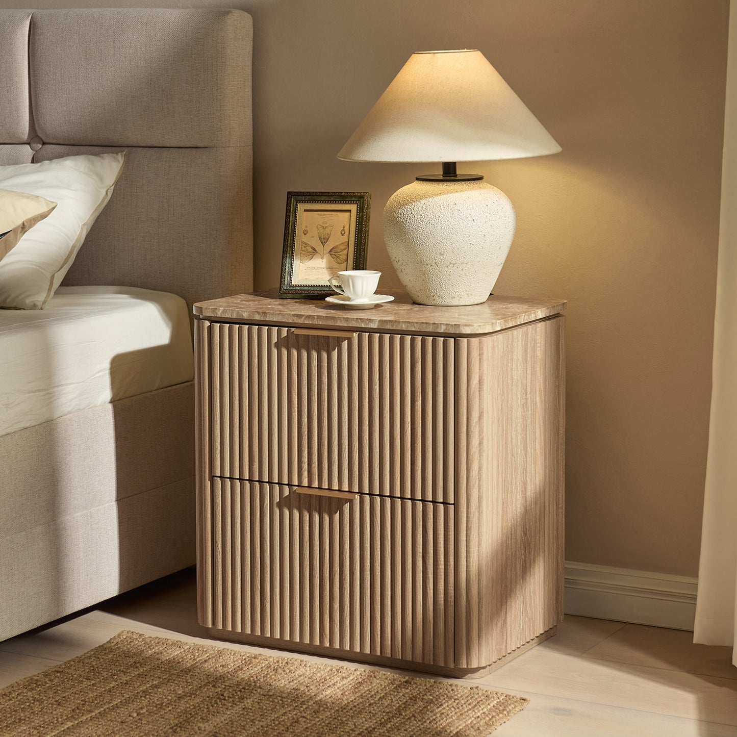 DelArk 2-Drawer Fluted Nightstand with Marble Top