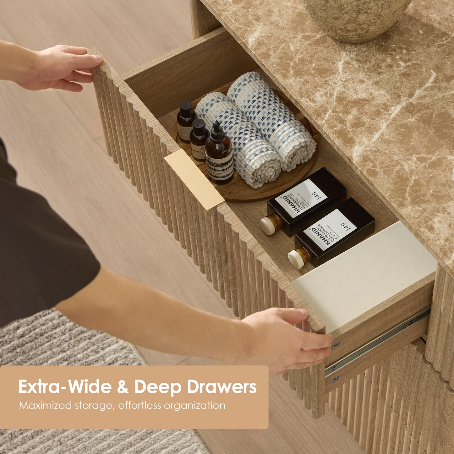 DelArk Fluted 6-Drawer Dresser with Marble Top