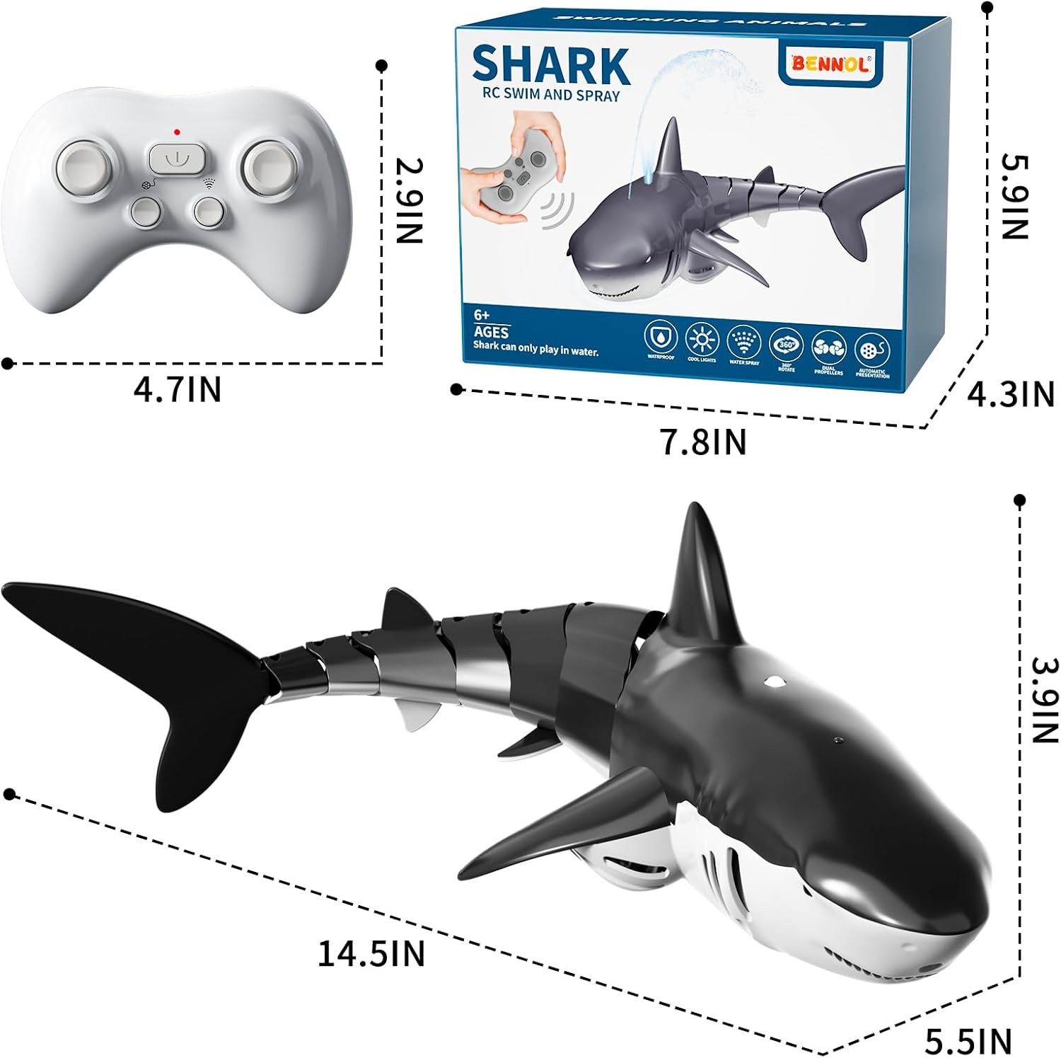 Bennol 2.4Ghz Remote Control Shark Toys for Boys Kids, 1:18 Scale High Simulation Shark for Pool, Electric RC Sharks Fish Toys with Light & Spray Water Function for 4 5 6 7 8 9 Year olds Kid Boys