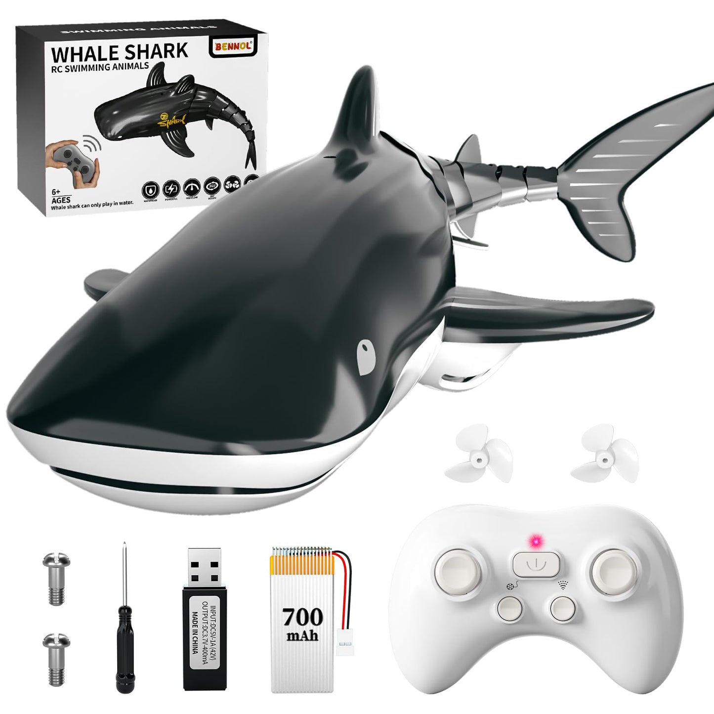 Bennol 2.4Ghz Remote Control Shark Toys for Boys Kids, 1:18 Scale High Simulation Shark for Pool, Electric RC Sharks Fish Toys with Light & Spray Water Function for 4 5 6 7 8 9 Year olds Kid Boys