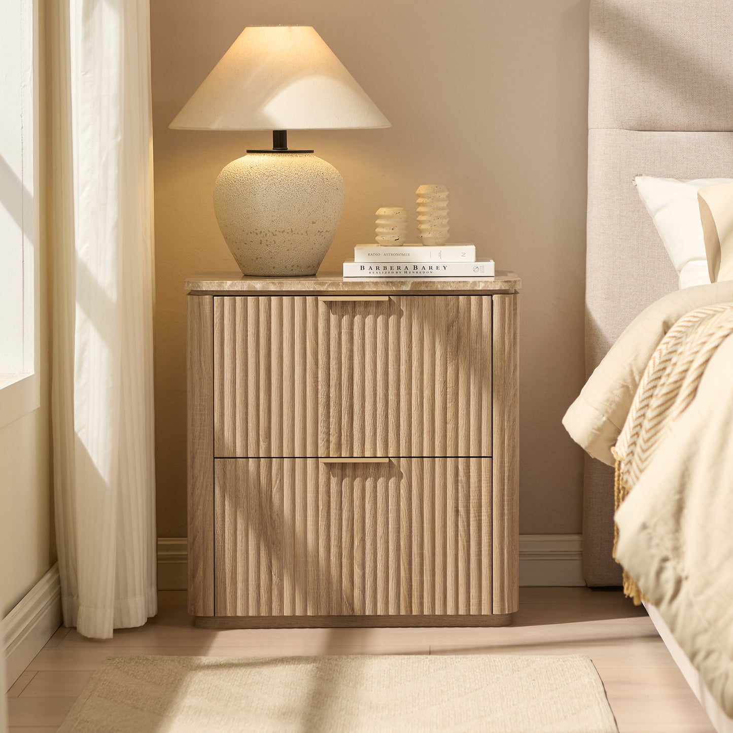 DelArk 2-Drawer Fluted Nightstand with Marble Top