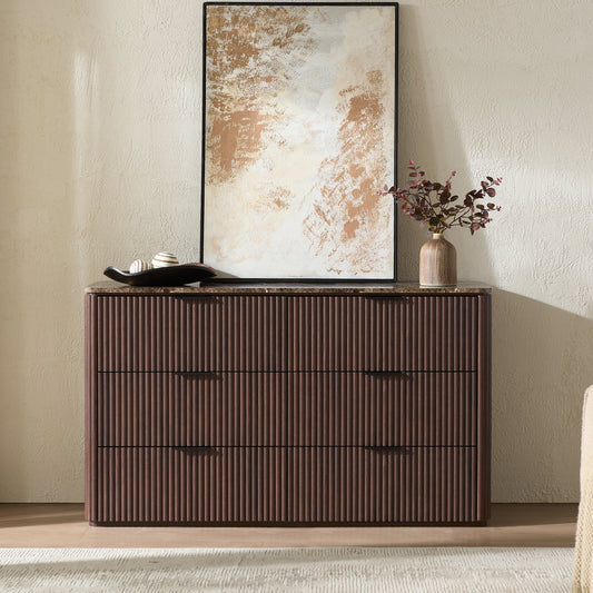 DelArk Fluted 6-Drawer Dresser with Marble Top