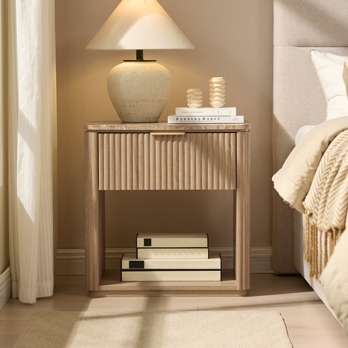 DelArk 1-Drawer Fluted Nightstand with Marble Top