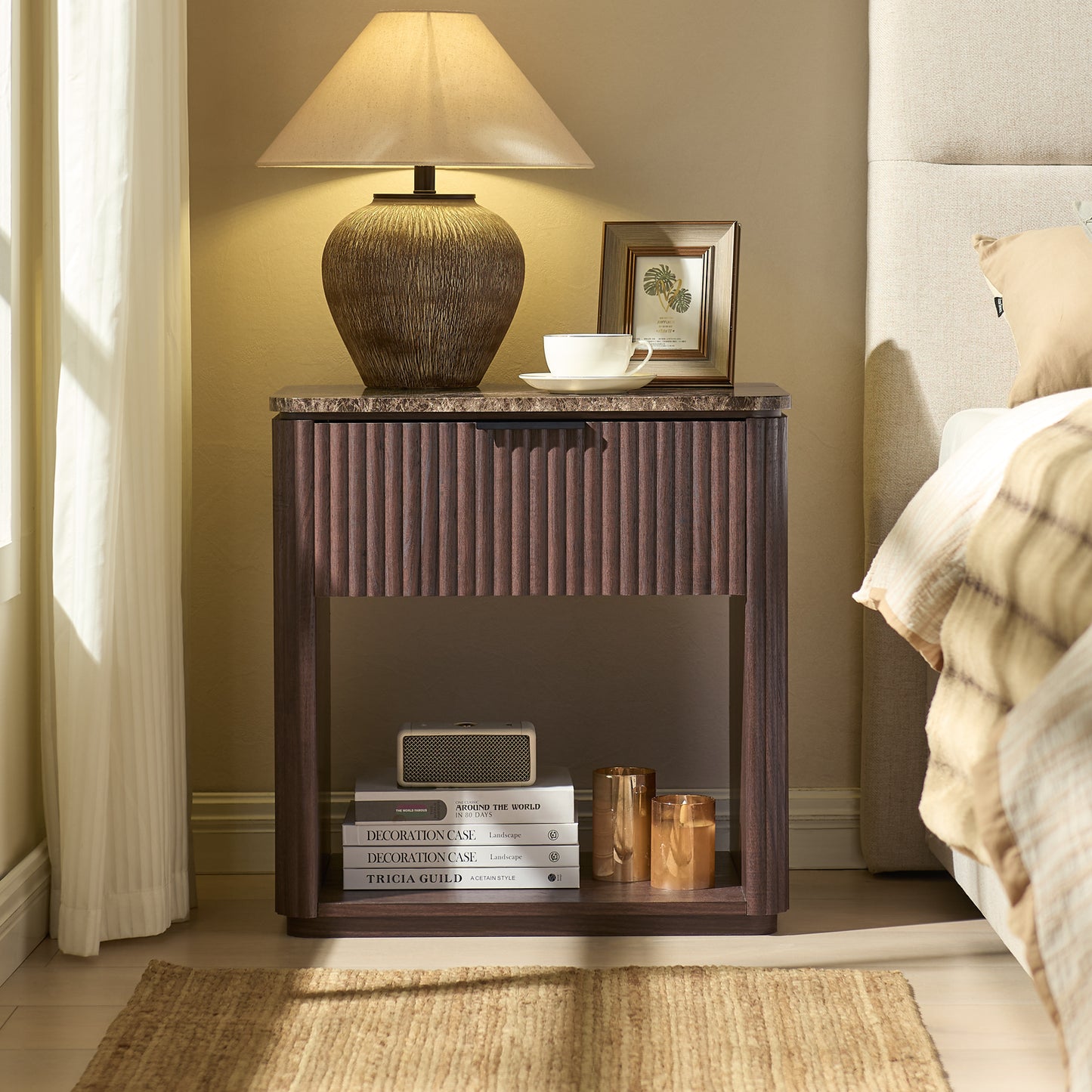 DelArk 1-Drawer Fluted Nightstand with Marble Top