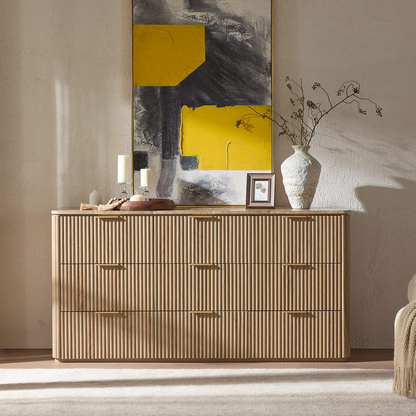 DelArk Fluted 9-Drawer Dresser with Marble Top