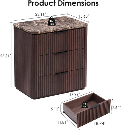 DelArk 3-Drawer Fluted Nightstand with Marble Top