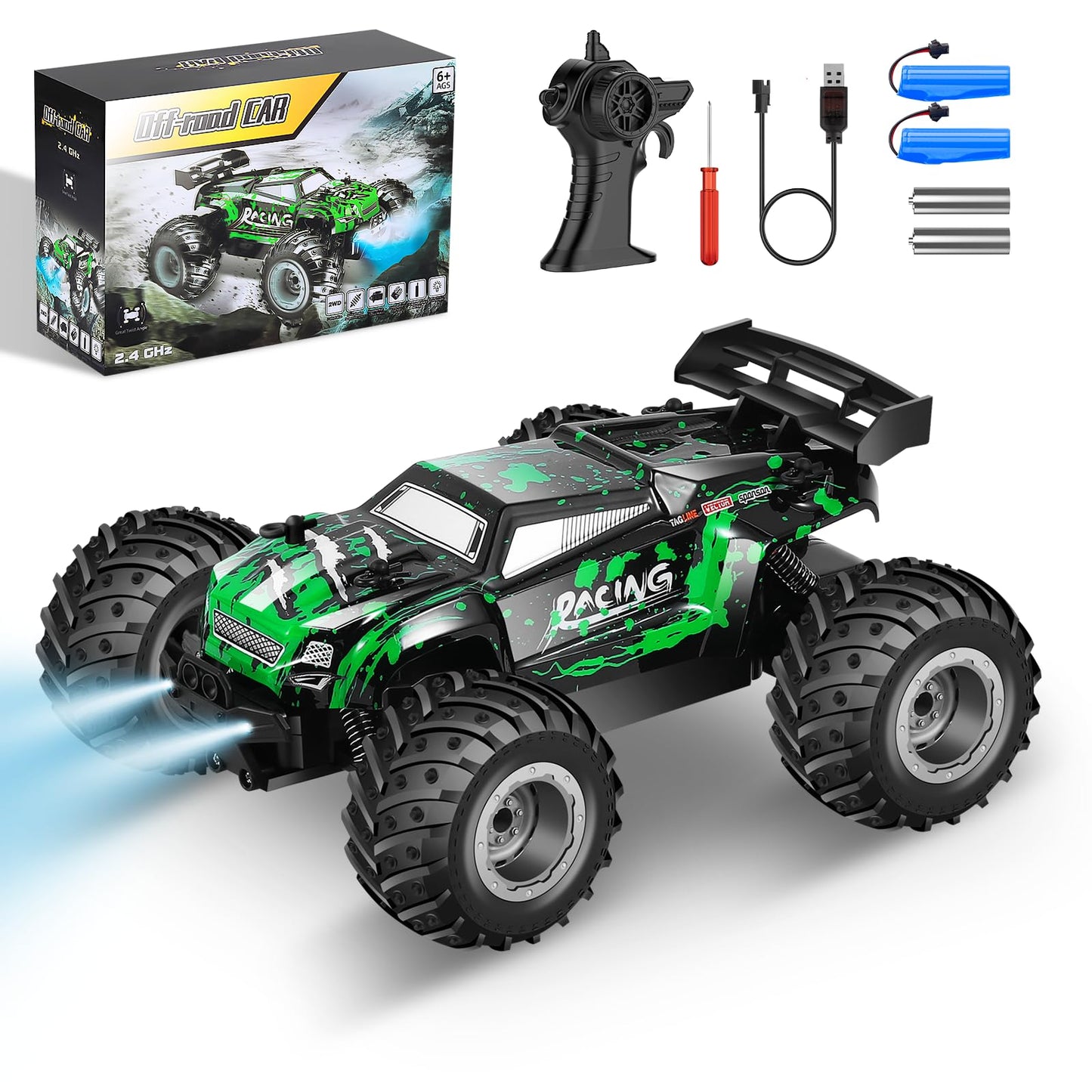 Remote Control Car, All Terrain Remote Control Truck for Boy, 2.4GHz Rc Car with Bodylight and Two Rechargeable Batteries, 20KM/H Monster Truck Toys