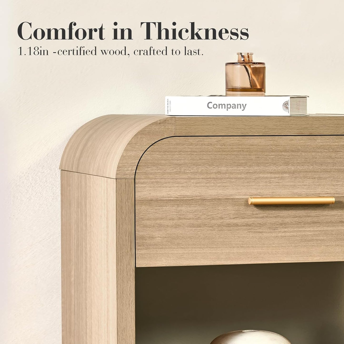 Night Stand Set of 2 [Unique Curved Profile] [FSC-Certified Wooden Board] 1-Drawer and 1 Storage Shelf Nightstand 24" H Metal Handle Modern Bedside Table