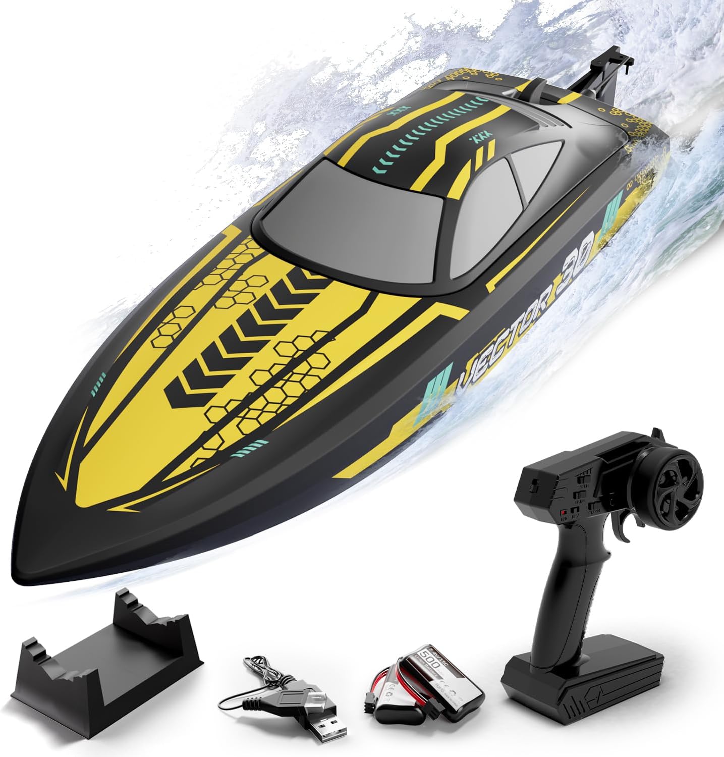 VOLANTEXRC RC Remote Control Boat for Pool，2.4Ghz Control RC Boats for Adults, Lake Electric Boat with Water Cooling System 2Rechargeable Batteries (Yellow)