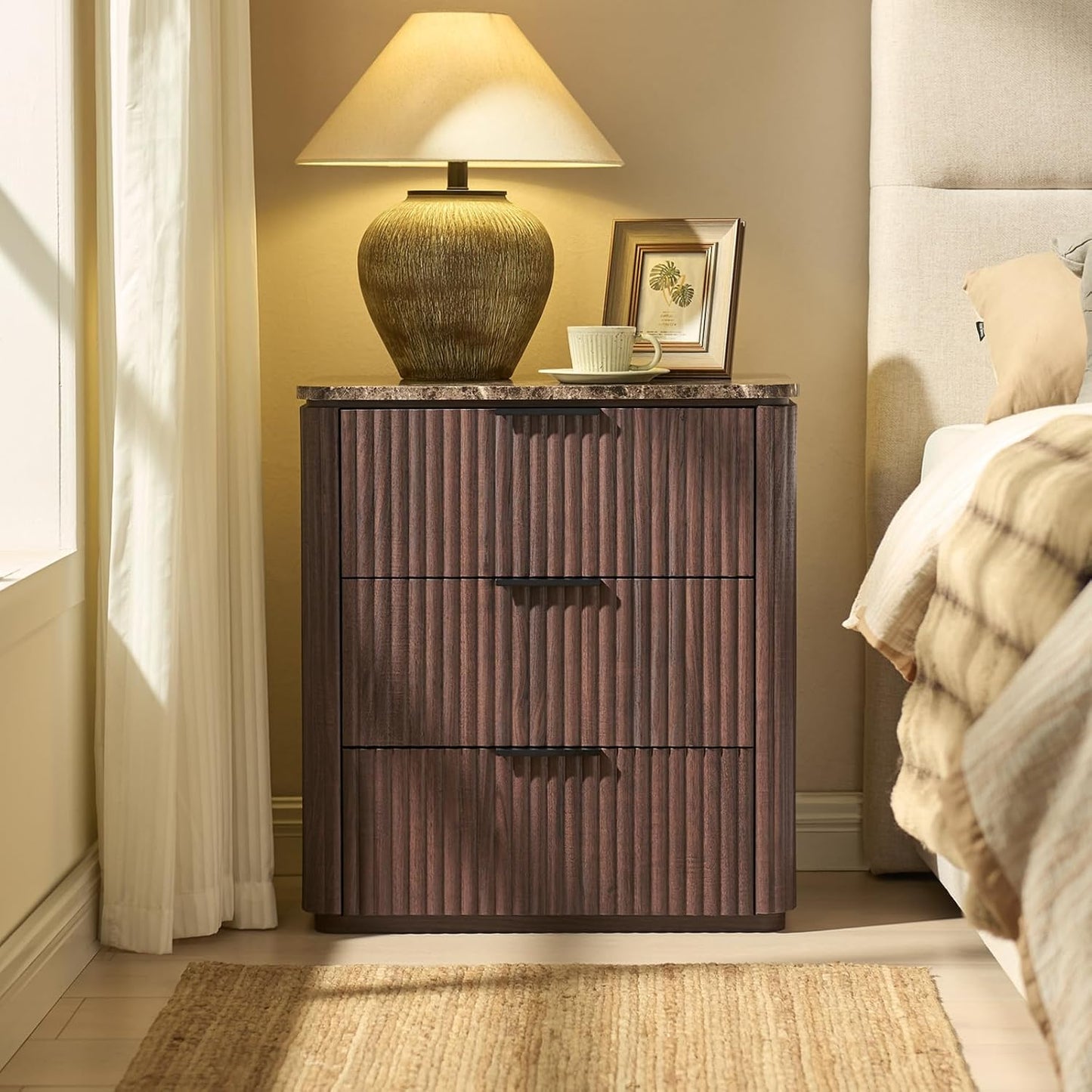 DelArk 3-Drawer Fluted Nightstand with Marble Top