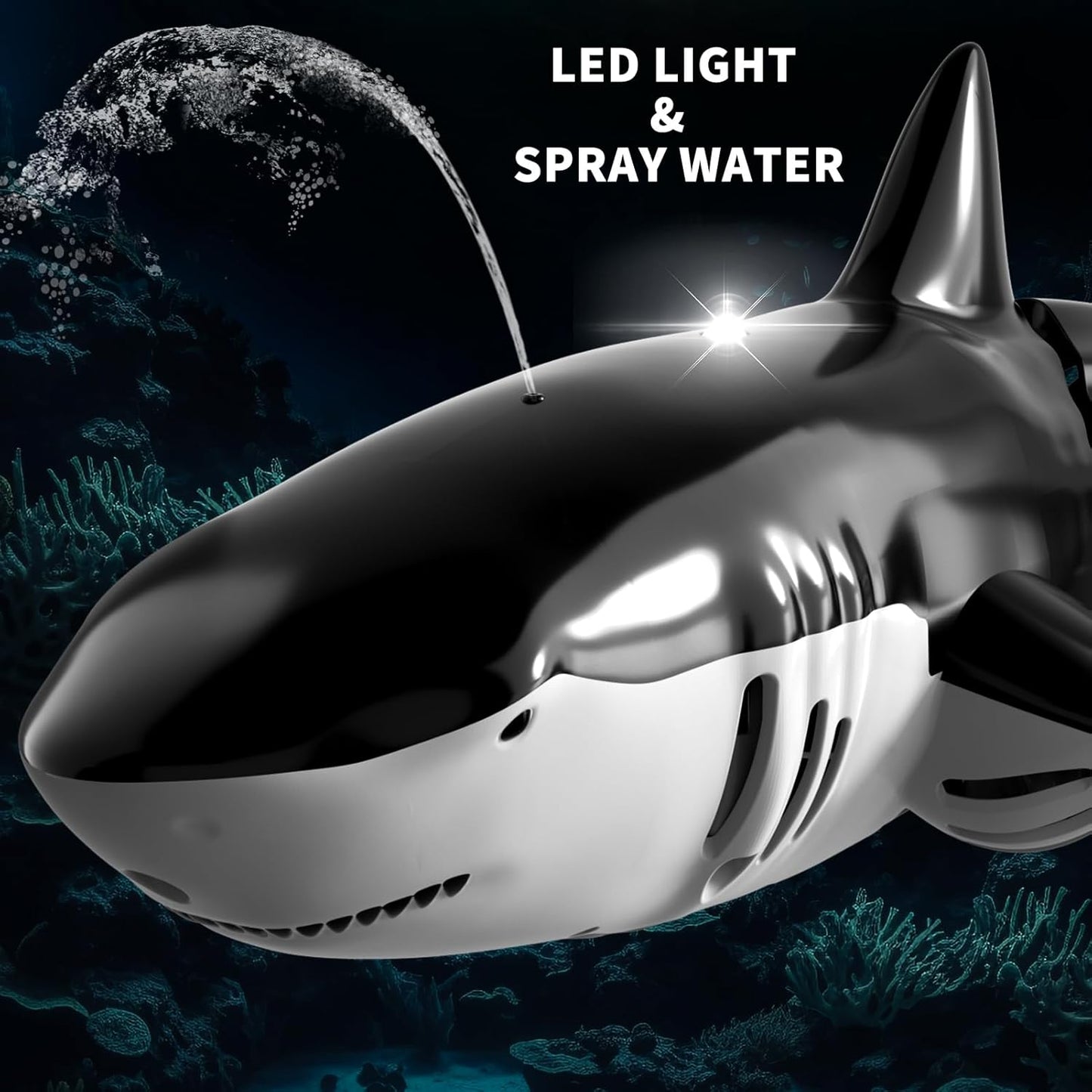 Bennol 2.4Ghz Remote Control Shark Toys for Boys Kids, 1:18 Scale High Simulation Shark for Pool, Electric RC Sharks Fish Toys with Light & Spray Water Function for 4 5 6 7 8 9 Year olds Kid Boys