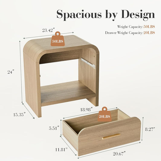 Night Stand Set of 2 [Unique Curved Profile] [FSC-Certified Wooden Board] 1-Drawer and 1 Storage Shelf Nightstand 24" H Metal Handle Modern Bedside Table