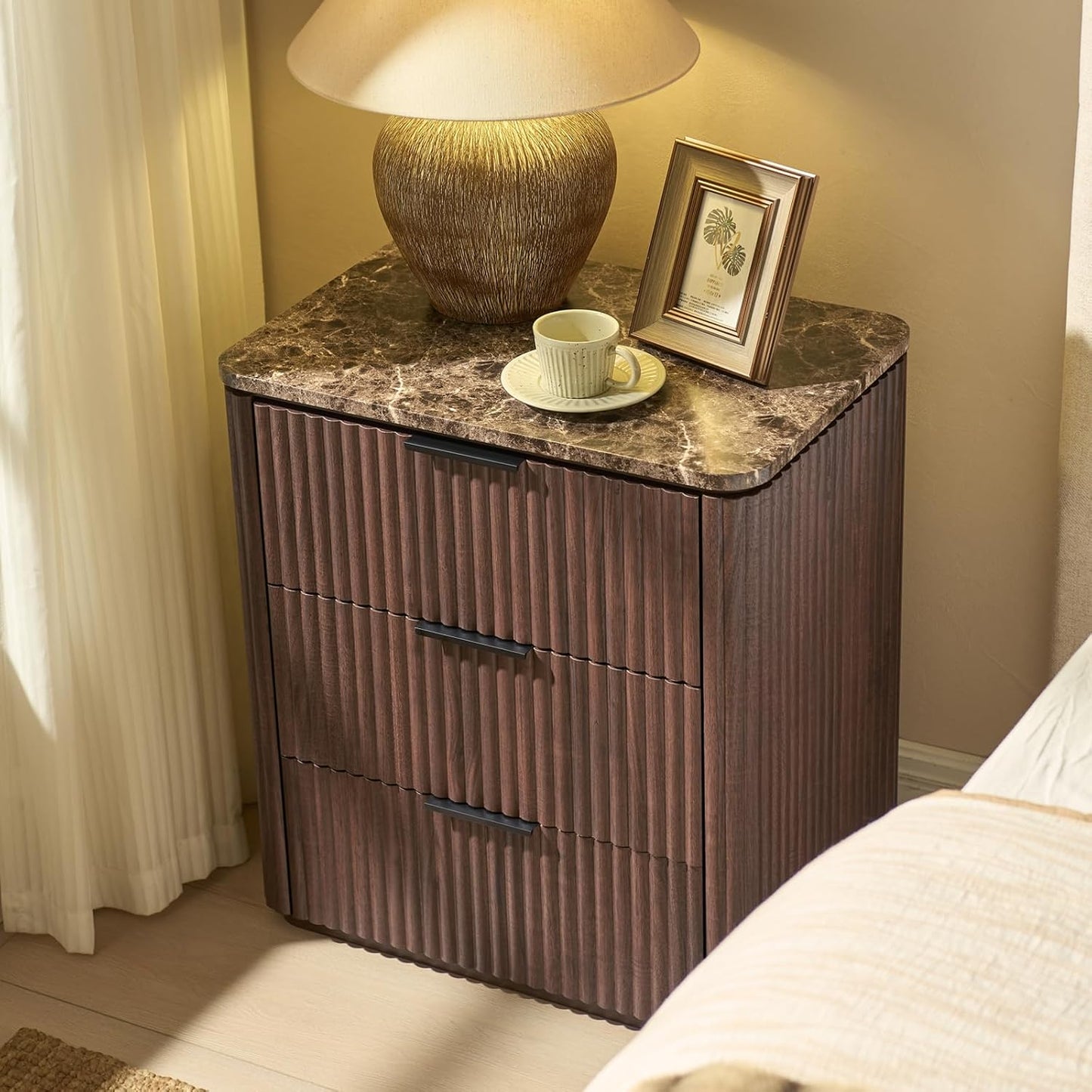 DelArk 3-Drawer Fluted Nightstand with Marble Top