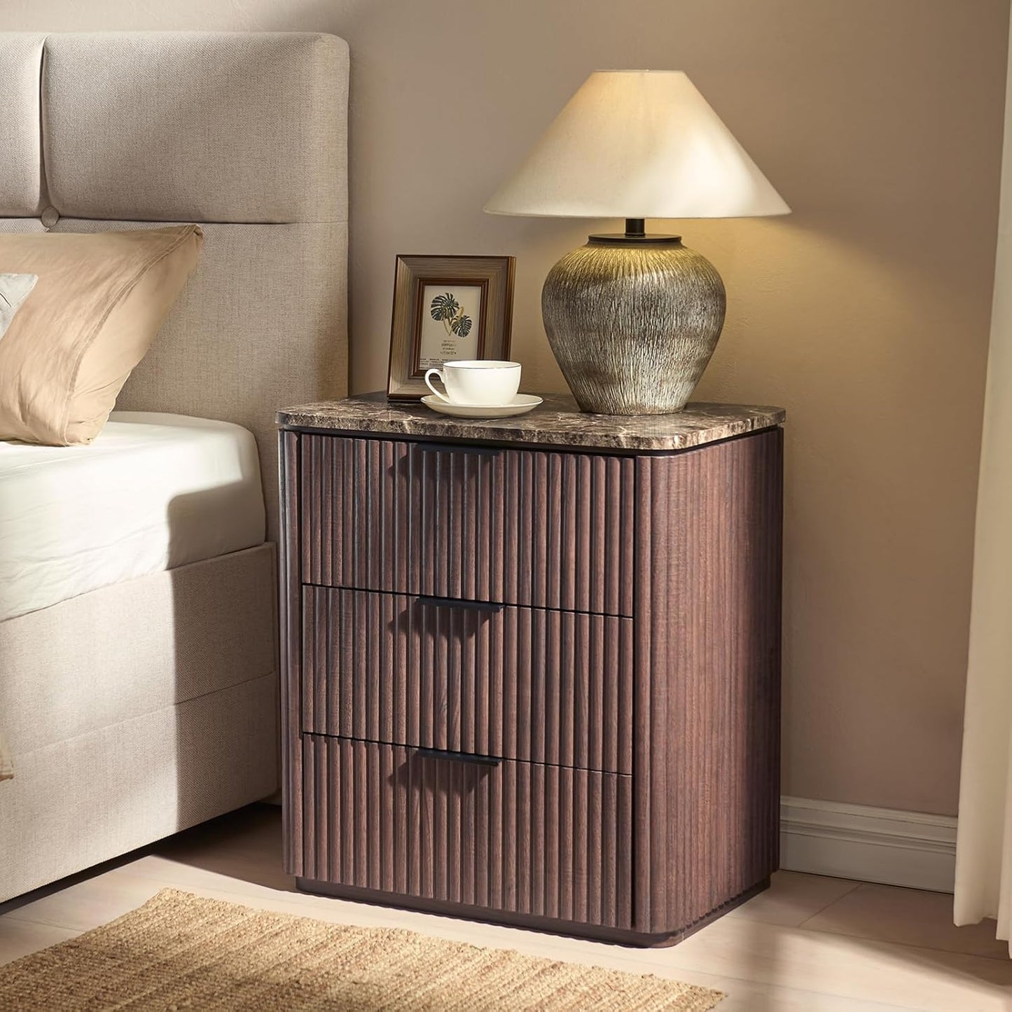 DelArk 3-Drawer Fluted Nightstand with Marble Top