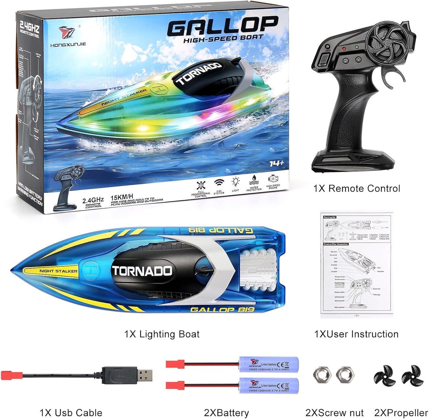 IAMGlobal RC Boat with LED Light for Kids and Adults, 2.4 GHZ RC Boats with 2 Rechargeable Battery, LED Light Remote Control Boat for Pools and Lakes, Fast Remote Control Boat with LED Lights (Blue)