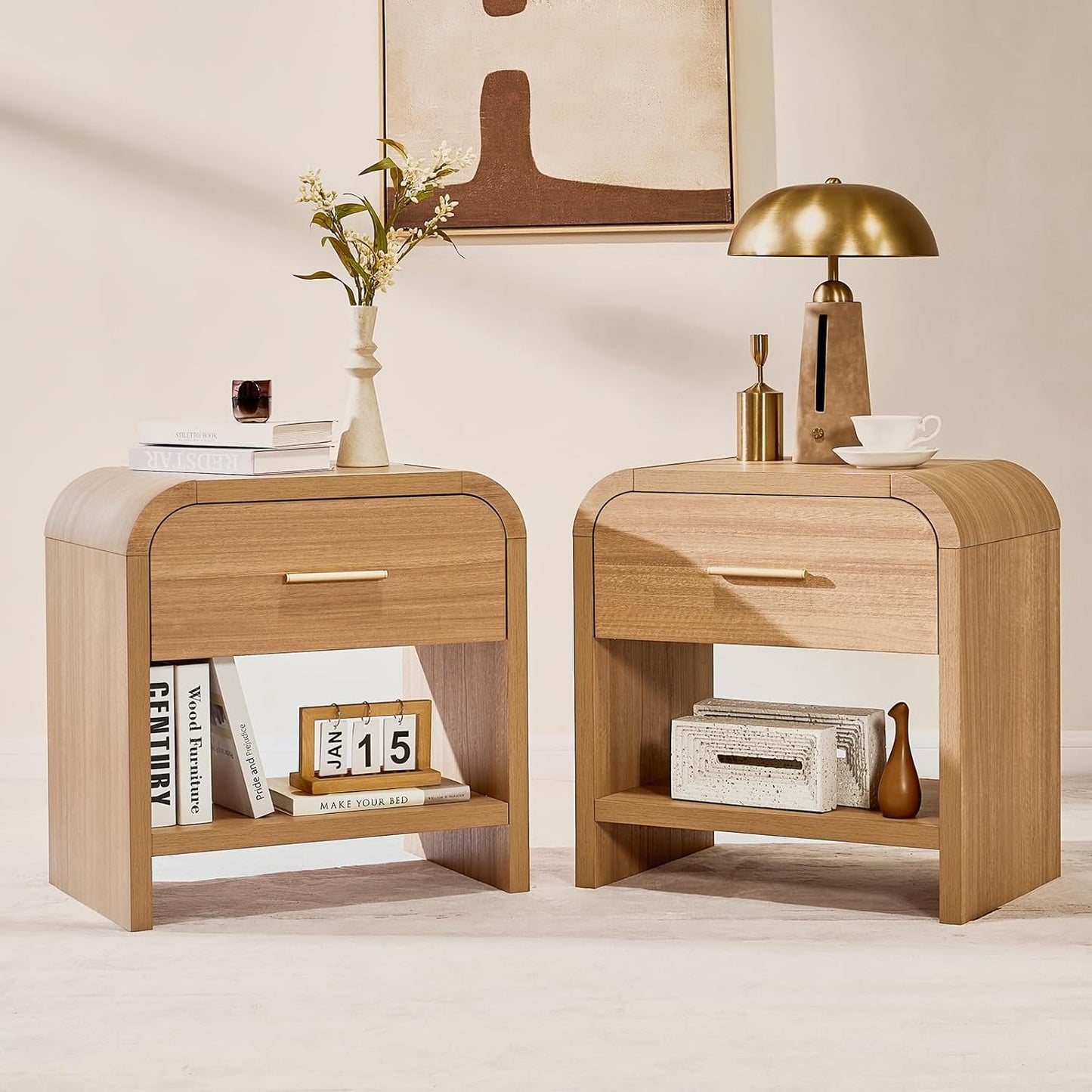 Night Stand Set of 2 [Unique Curved Profile] [FSC-Certified Wooden Board] 1-Drawer and 1 Storage Shelf Nightstand 24" H Metal Handle Modern Bedside Table