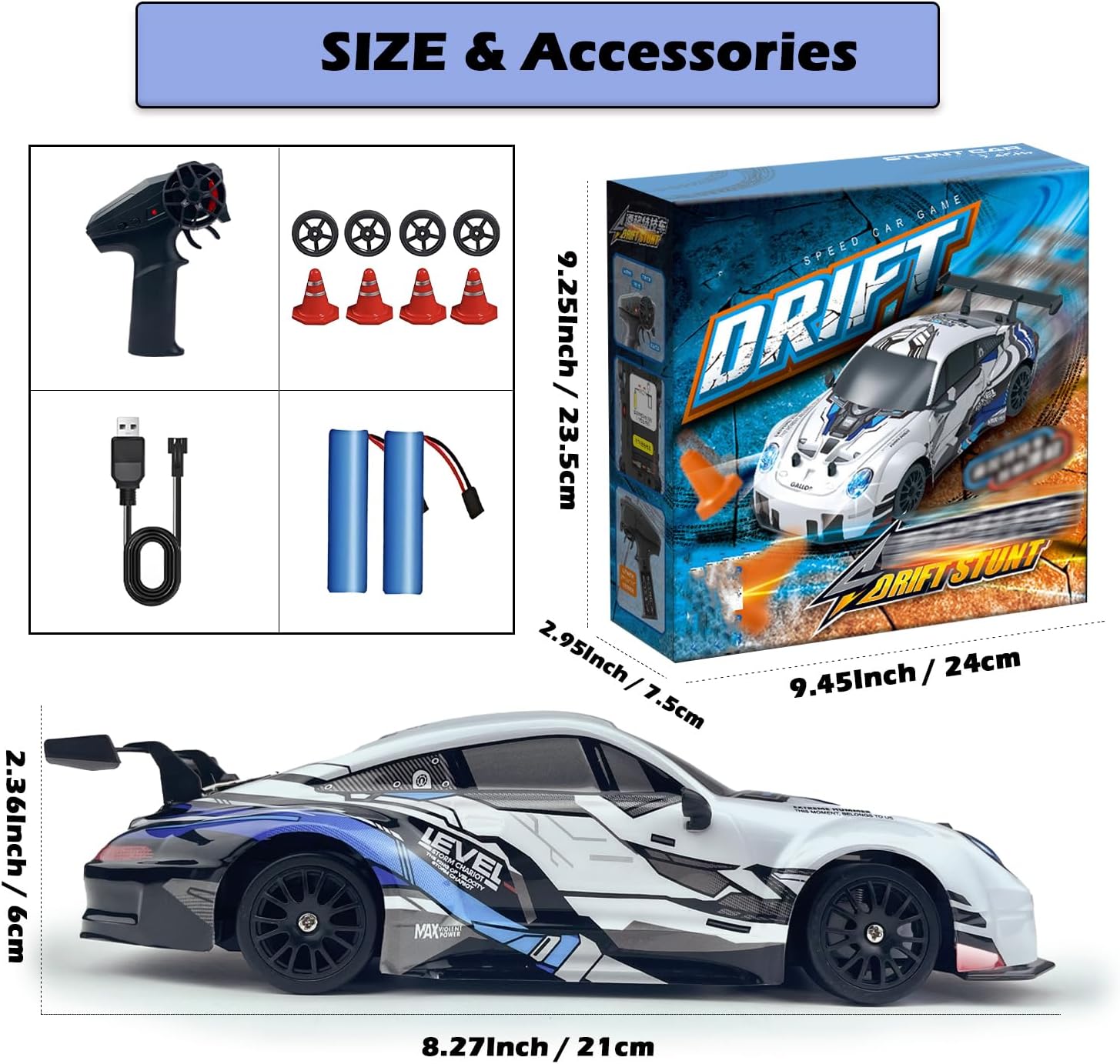 RC Drift Car 2.4GHz 1:24 Scale 4WD High Speed Remote Control Cars Vehicle with LED Lights Two Batteries and Drifting Tires Racing Sport Toy Cars for Adults Boys Girls Kids