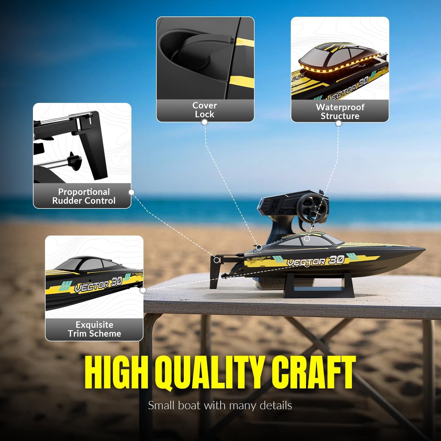 VOLANTEXRC RC Remote Control Boat for Pool，2.4Ghz Control RC Boats for Adults, Lake Electric Boat with Water Cooling System 2Rechargeable Batteries (Yellow)