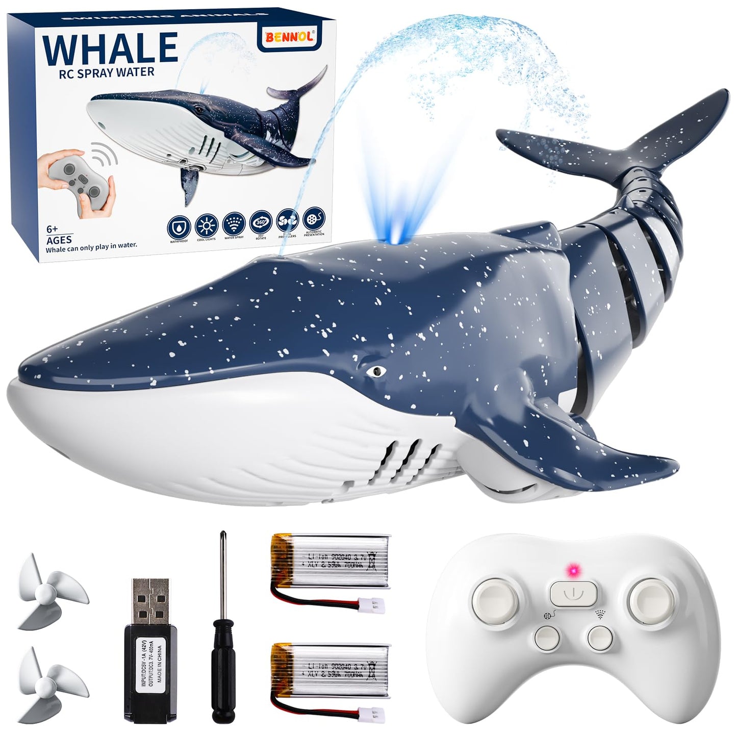 Bennol 2.4Ghz Remote Control Shark Toys for Boys Kids, 1:18 Scale High Simulation Shark for Pool, Electric RC Sharks Fish Toys with Light & Spray Water Function for 4 5 6 7 8 9 Year olds Kid Boys