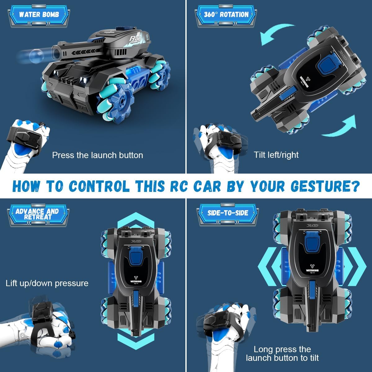 RC Crawler, Gesture Sensing RC Stunt Car, Remote Control Car with Cool Light and Music 360°Rotating 2 Control Modes, Hand Controlled RC Car That Shoots Gifts Toys for Kids and Boys