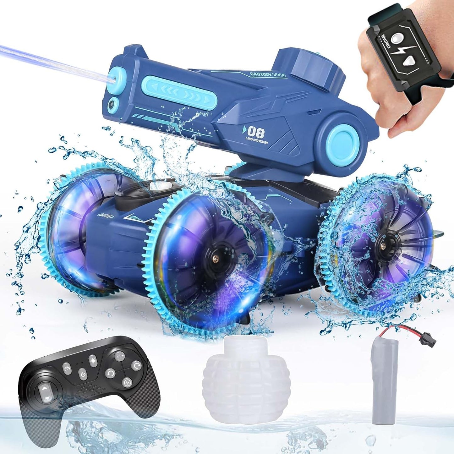 3-in-1 Remote Control Car, RC Boat & Water Gun - Amphibious RC Car for Land & Water, Adjustable Speed, Waterproof, Perfect Boys Toys 4-12 Years Old boy Gifts for Pool Beach, Summer Fun-Blue