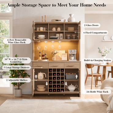 77" Tall Oak Kitchen Pantry with LED Lights, Charging Station & 24-Bottle Wine Rack