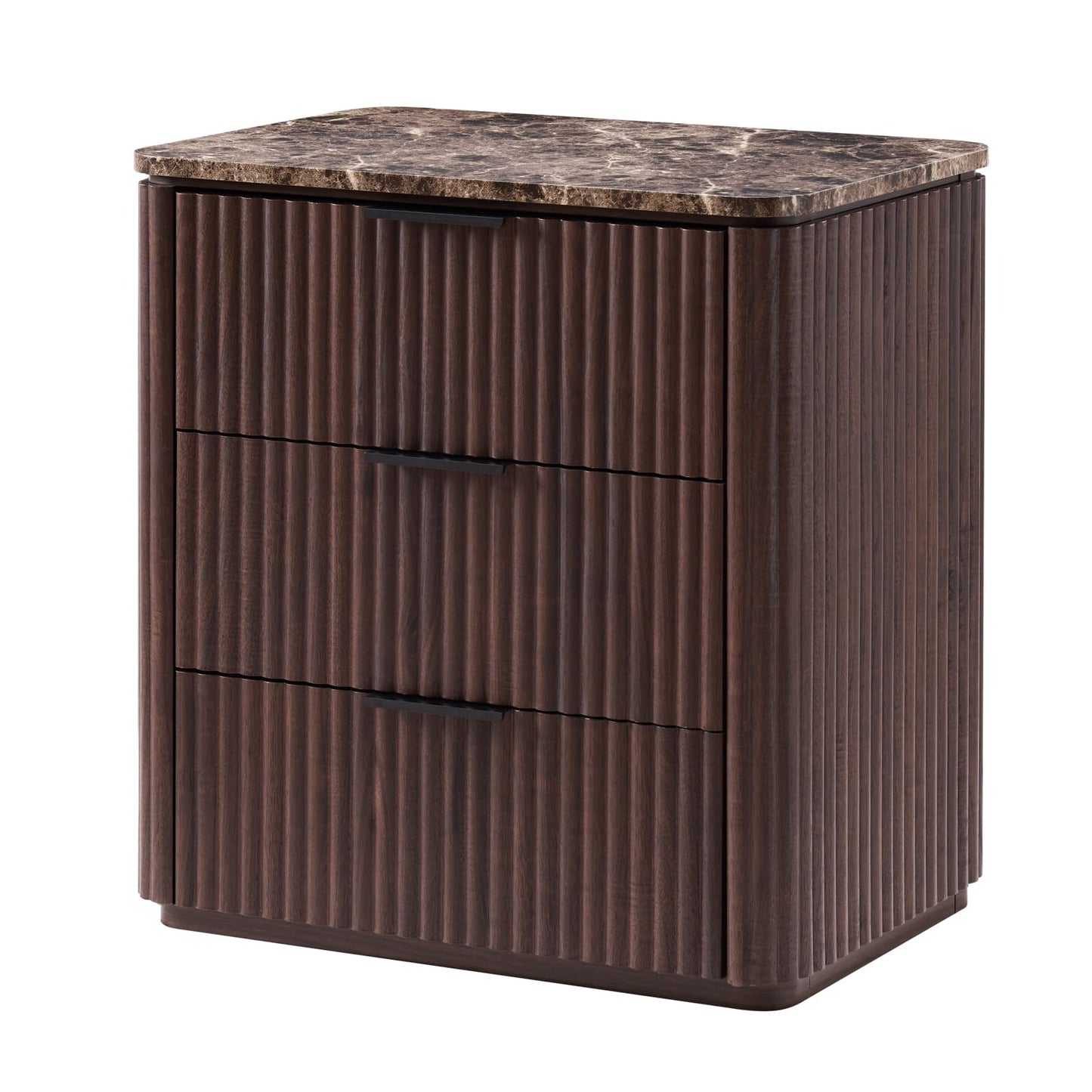 Fluted Nightstand Set of 2, 23"W Night Stand with 3 Drawers, Wood Bed Side Table with Faux Marble-Top, Curved Corner, Metal Handle, Modern Bedside Table for Bedroom, Living Room, Office, Dark Oak