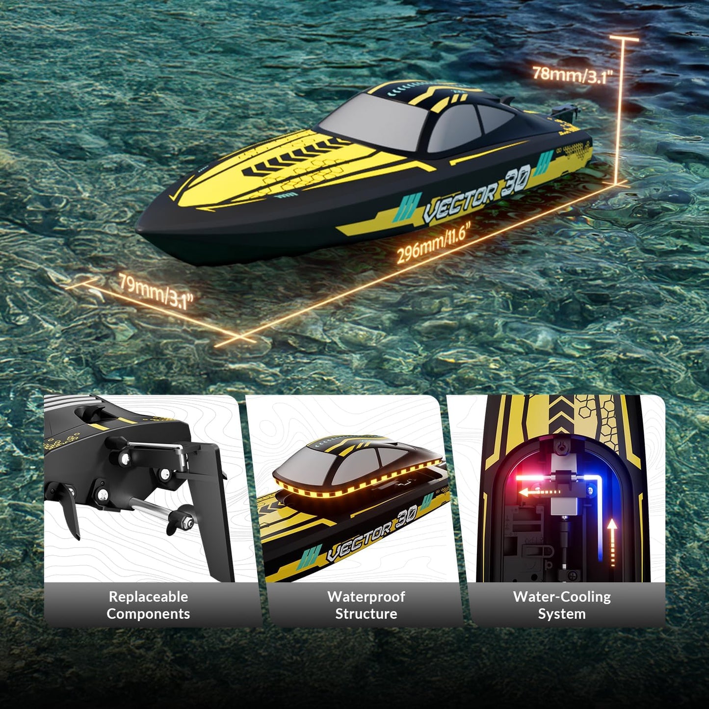 VOLANTEXRC RC Remote Control Boat for Pool，2.4Ghz Control RC Boats for Adults, Lake Electric Boat with Water Cooling System 2Rechargeable Batteries (Yellow)