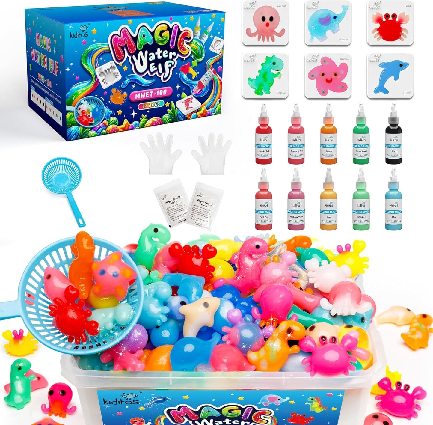 Kiditos Magic Water Elf Toy Kit,Aqua Fairy Water Gel Kit-10 Magic Gels&6 Molds-Make Your Own Water Pets&Squishy Toys–Fun Summer DIY Craft Kit,Birthday Gifts&Party Favors for Kids Ages 3+