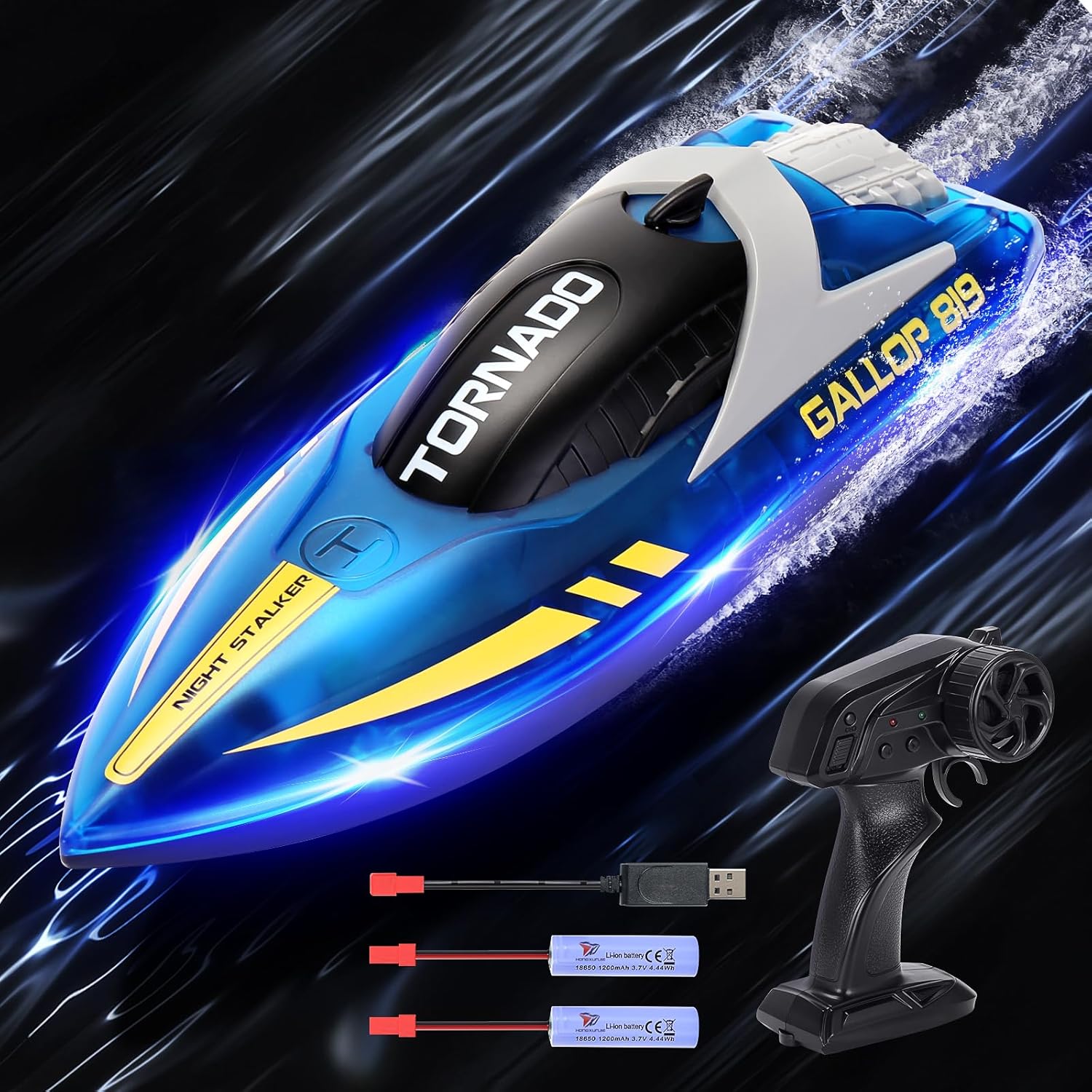 IAMGlobal RC Boat with LED Light for Kids and Adults, 2.4 GHZ RC Boats with 2 Rechargeable Battery, LED Light Remote Control Boat for Pools and Lakes, Fast Remote Control Boat with LED Lights (Blue)