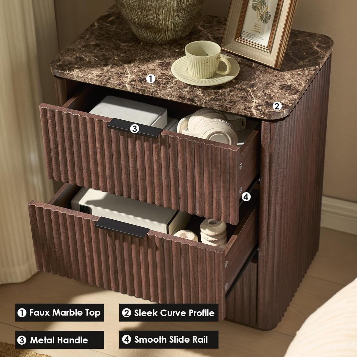 DelArk 3-Drawer Fluted Nightstand with Marble Top