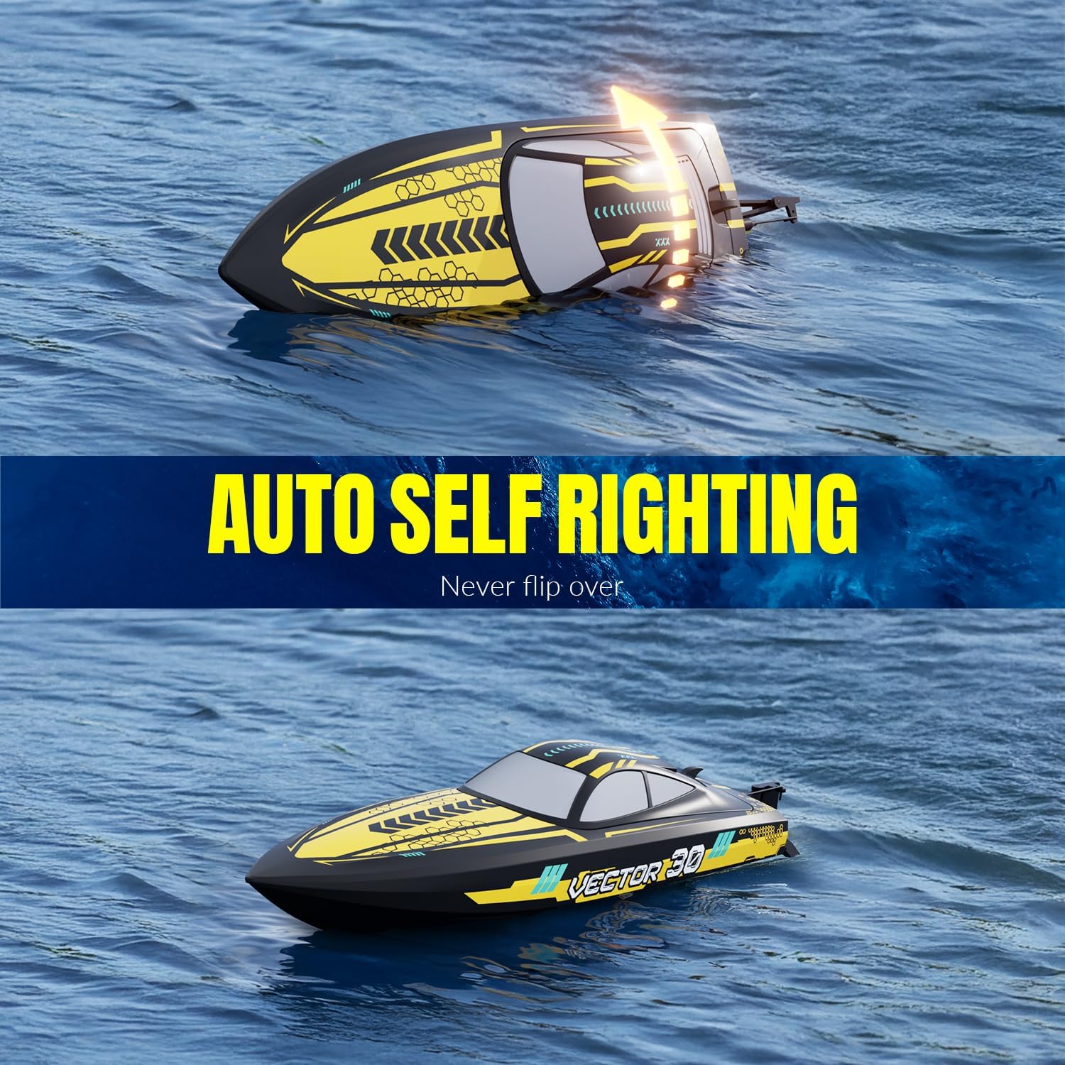 VOLANTEXRC RC Remote Control Boat for Pool，2.4Ghz Control RC Boats for Adults, Lake Electric Boat with Water Cooling System 2Rechargeable Batteries (Yellow)