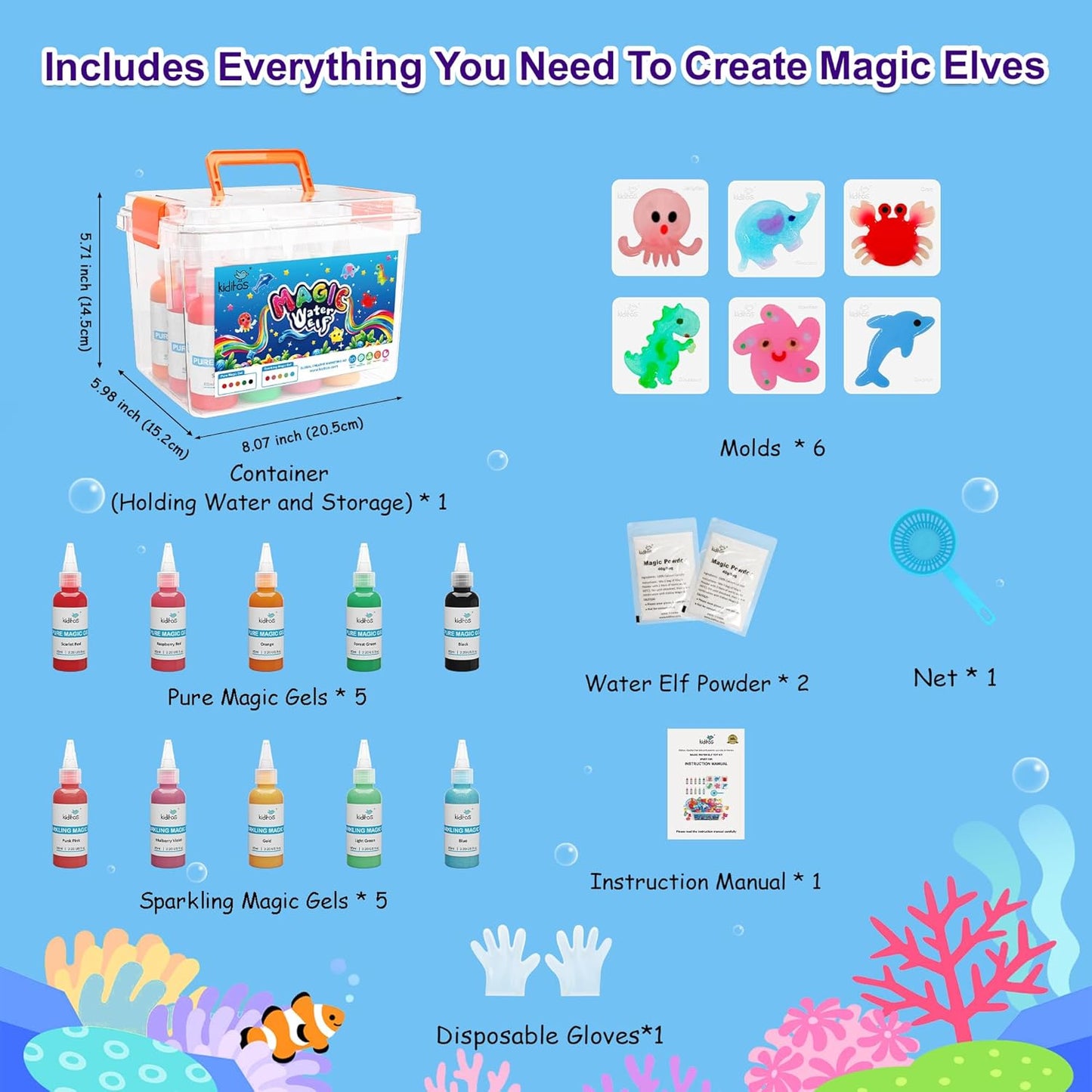 Kiditos Magic Water Elf Toy Kit,Aqua Fairy Water Gel Kit-10 Magic Gels&6 Molds-Make Your Own Water Pets&Squishy Toys–Fun Summer DIY Craft Kit,Birthday Gifts&Party Favors for Kids Ages 3+