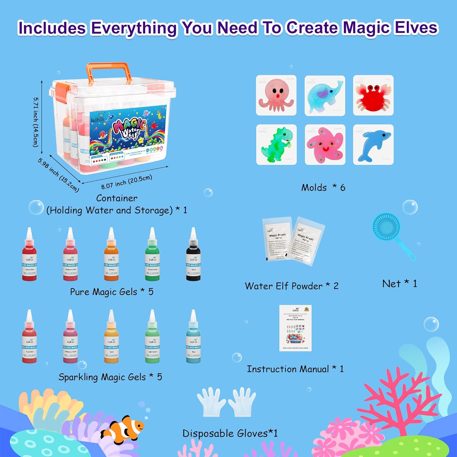 Kiditos Magic Water Elf Toy Kit,Aqua Fairy Water Gel Kit-10 Magic Gels&6 Molds-Make Your Own Water Pets&Squishy Toys–Fun Summer DIY Craft Kit,Birthday Gifts&Party Favors for Kids Ages 3+