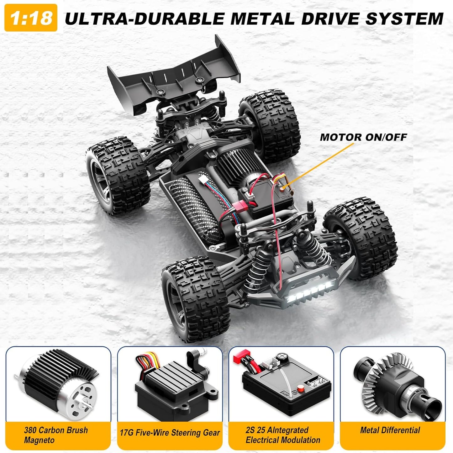 1:18 Scale All-Terrain RC Car for Adults - 40+KM/H High Speed 4WD Off-Road Remote Control Truck with 2 Rechargeable Batteries, 2.4GHz Electric Toy Vehicle Gift for Teens and 14+
