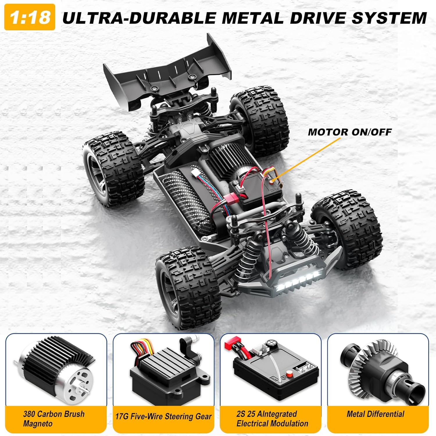 1:18 Scale All-Terrain RC Car for Adults - 40+KM/H High Speed 4WD Off-Road Remote Control Truck with 2 Rechargeable Batteries, 2.4GHz Electric Toy Vehicle Gift for Teens and 14+