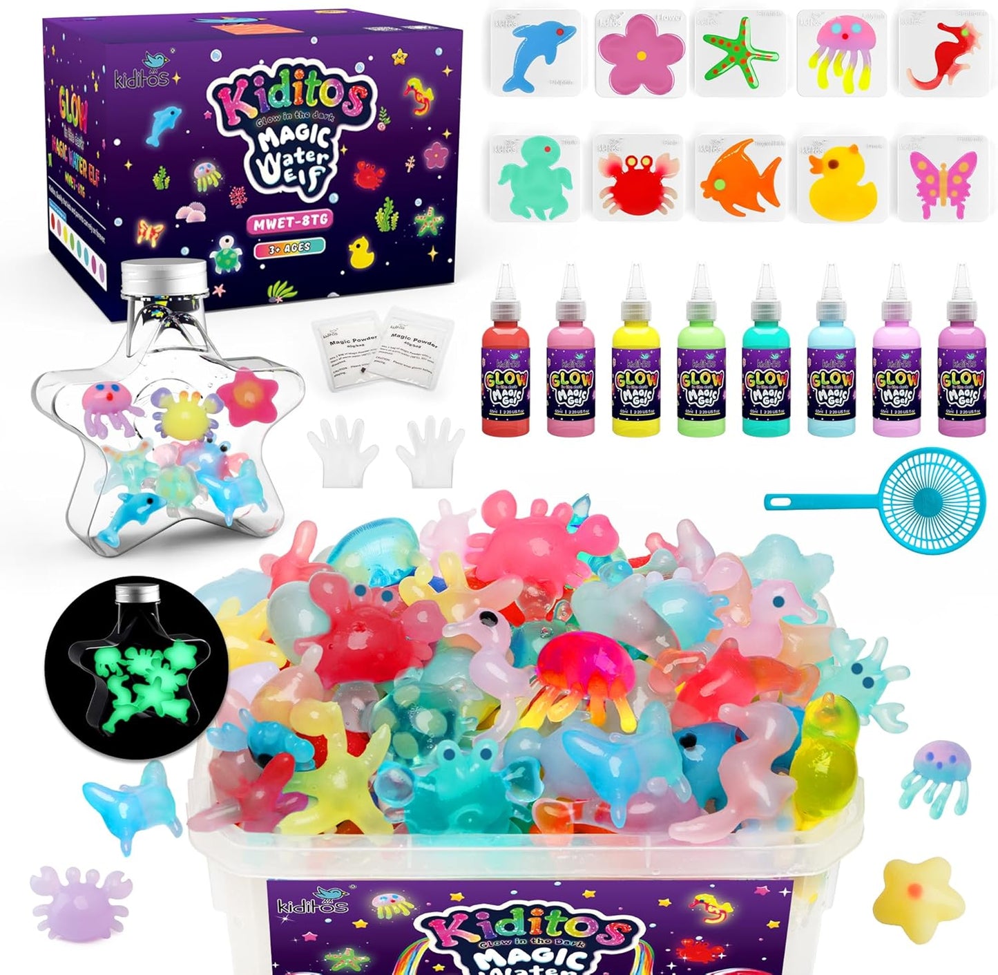 Kiditos Glow in The Dark Magic Water Elf Toy Kit,Aqua Fairy Water Gel Kit-8 Glow Gels&10 Molds-Make Your Own Water Pets&Squishy Toys–Fun Summer DIY Craft Kit,Birthday Gift&Party Favors for Kid Ages 3+