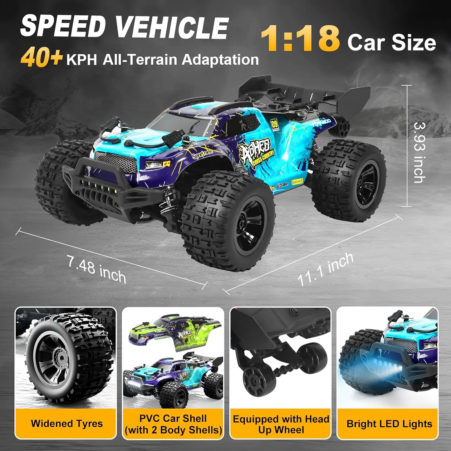 1:18 Scale All-Terrain RC Car for Adults - 40+KM/H High Speed 4WD Off-Road Remote Control Truck with 2 Rechargeable Batteries, 2.4GHz Electric Toy Vehicle Gift for Teens and 14+