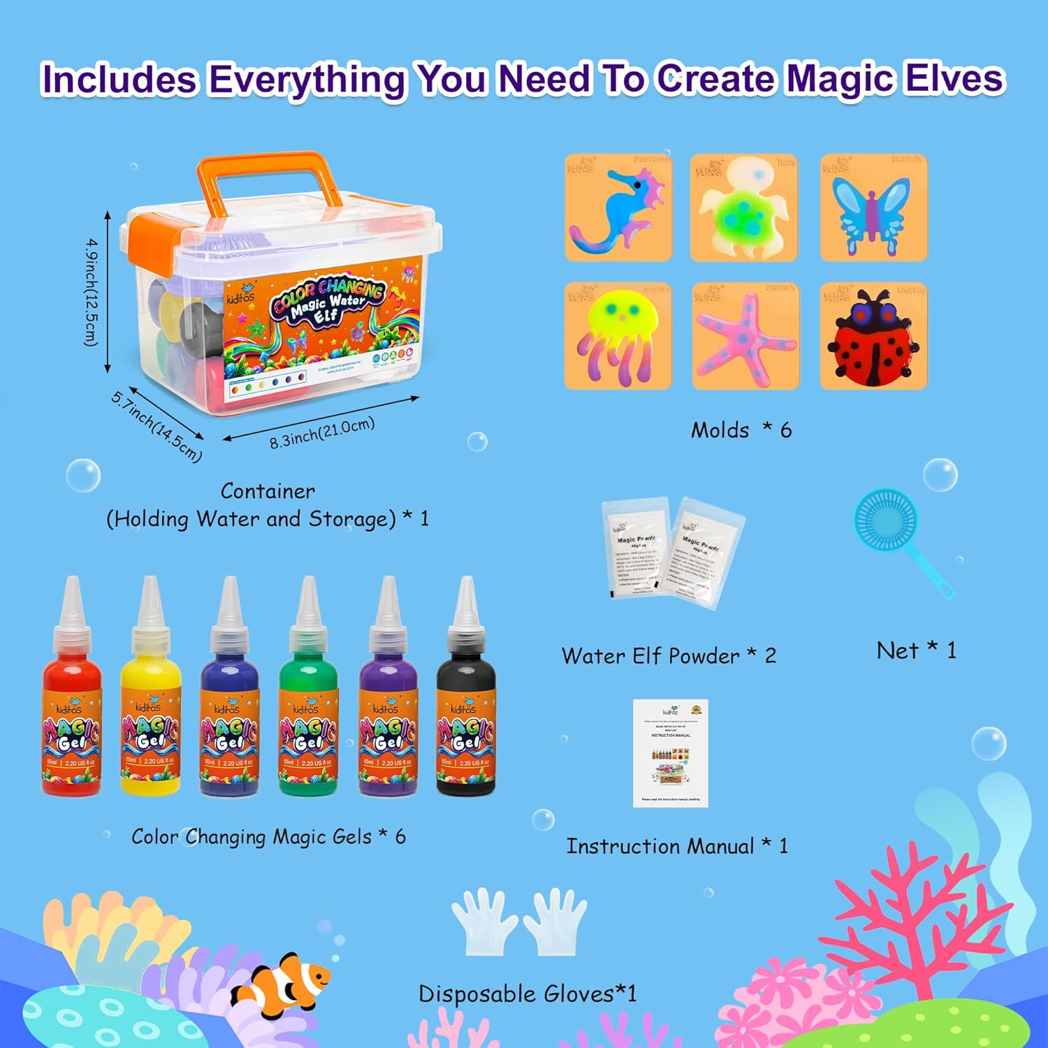 Kiditos Color Changing Magic Water Elf Toy Kit, Magic Aqua Fairy Water Gel Kit with 6 Color Changing Gels and 6 Molds. Christmas Gifts, Birthday Gifts, Party Favors, Arts&Crafts DIY STEM Kits for Kids