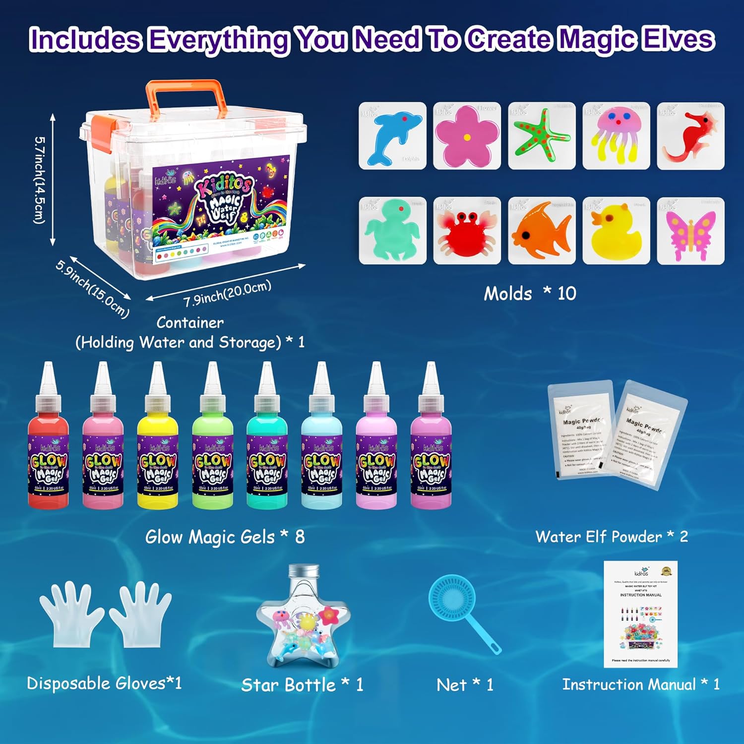 Kiditos Glow in The Dark Magic Water Elf Toy Kit,Aqua Fairy Water Gel Kit-8 Glow Gels&10 Molds-Make Your Own Water Pets&Squishy Toys–Fun Summer DIY Craft Kit,Birthday Gift&Party Favors for Kid Ages 3+