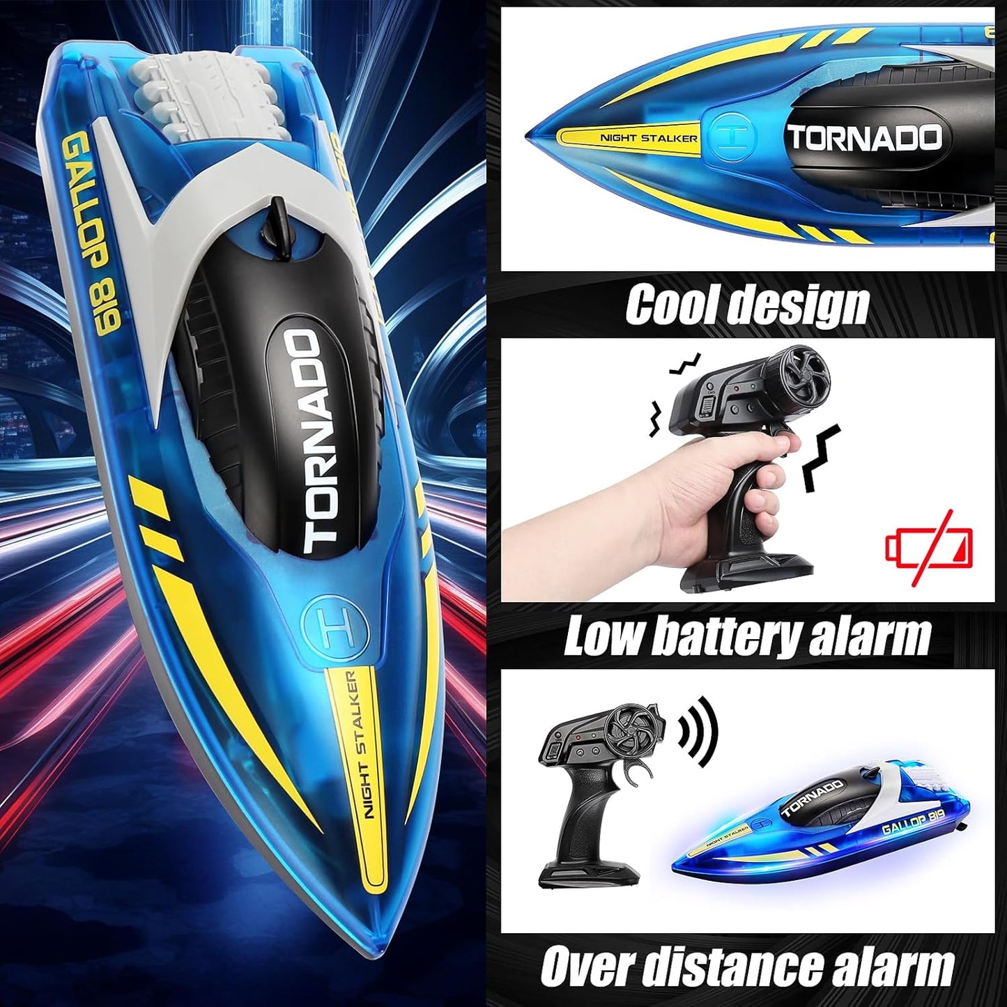 IAMGlobal RC Boat with LED Light for Kids and Adults, 2.4 GHZ RC Boats with 2 Rechargeable Battery, LED Light Remote Control Boat for Pools and Lakes, Fast Remote Control Boat with LED Lights (Blue)