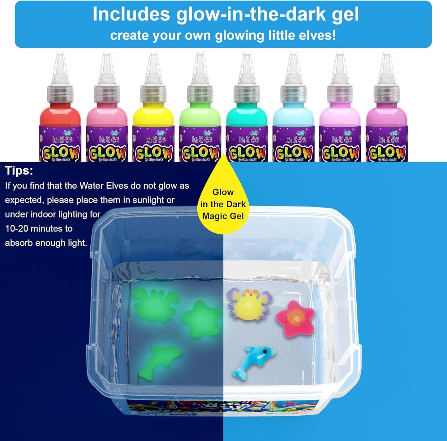 Kiditos Glow in The Dark Magic Water Elf Toy Kit,Aqua Fairy Water Gel Kit-8 Glow Gels&10 Molds-Make Your Own Water Pets&Squishy Toys–Fun Summer DIY Craft Kit,Birthday Gift&Party Favors for Kid Ages 3+