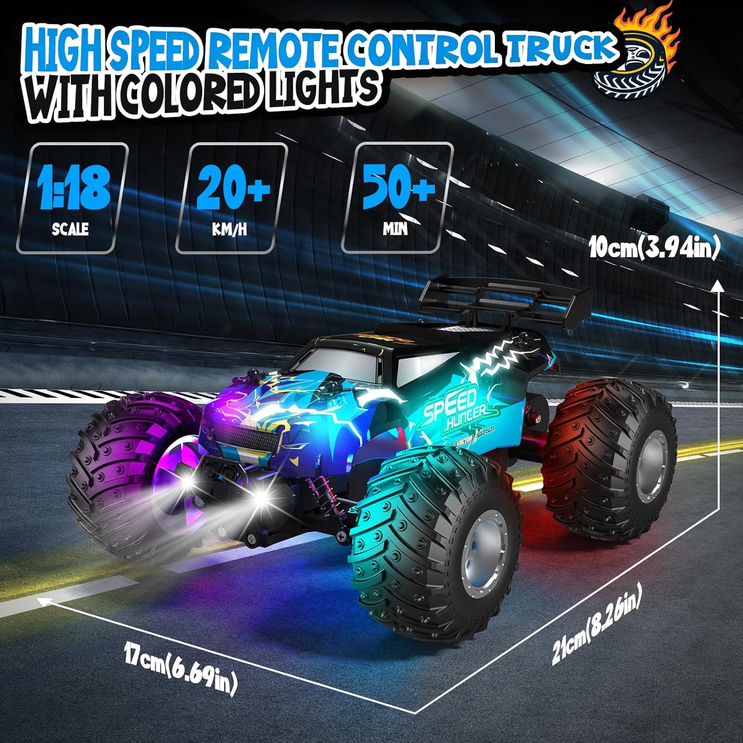 Remote Control Car, All Terrain Remote Control Truck for Boy, 2.4GHz Rc Car with Bodylight and Two Rechargeable Batteries, 20KM/H Monster Truck Toys